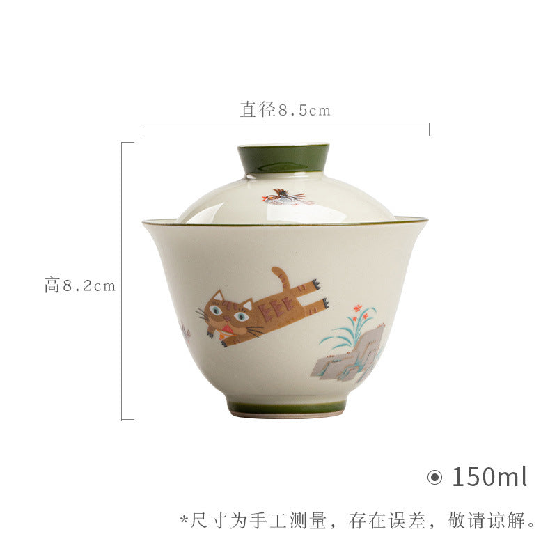 Cute Cat Ceramic Cover Bowl - Kung Fu Tea Set