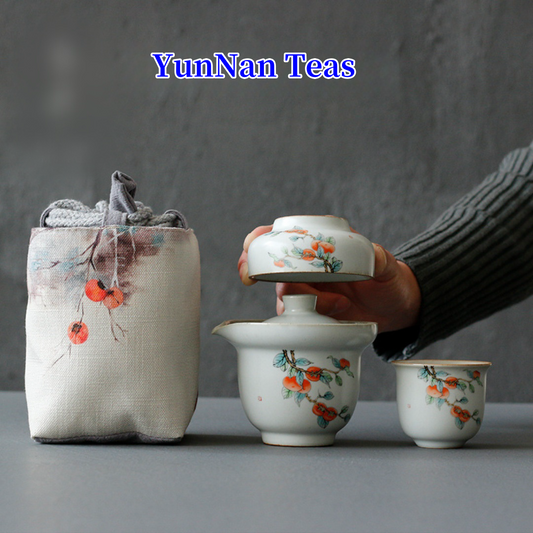 Elegant Persimmon Ceramic 180ml Travel Tea Set