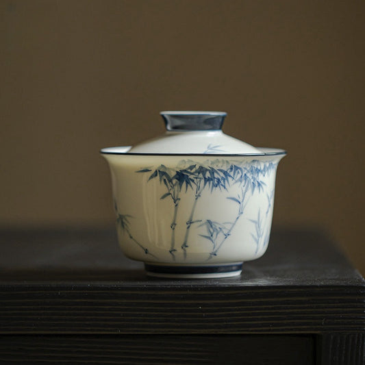 Jade porcelain underglaze blue and white hand-painted cover bowl