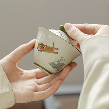 Cute Cat Ceramic Cover Bowl - Kung Fu Tea Set