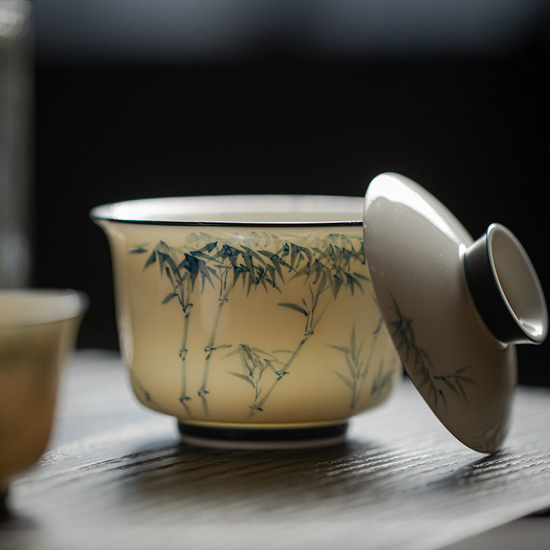 Jade porcelain underglaze blue and white hand-painted cover bowl