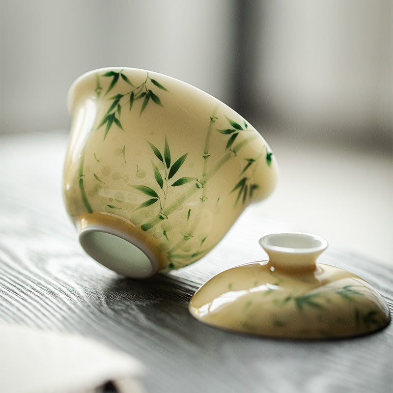 Pastel hand-painted Xiangfei bamboo cover bowl