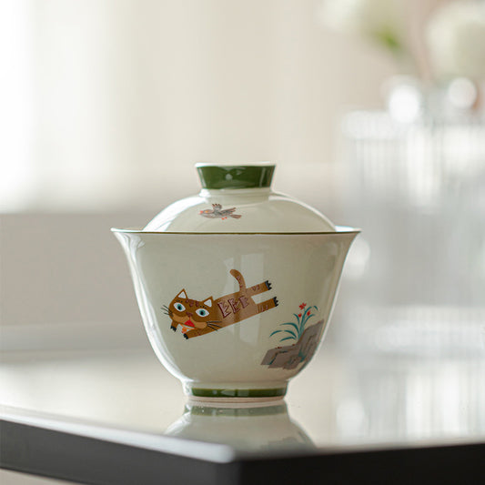 Cute Cat Ceramic Cover Bowl - Kung Fu Tea Set