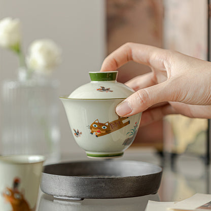 Cute Cat Ceramic Cover Bowl - Kung Fu Tea Set