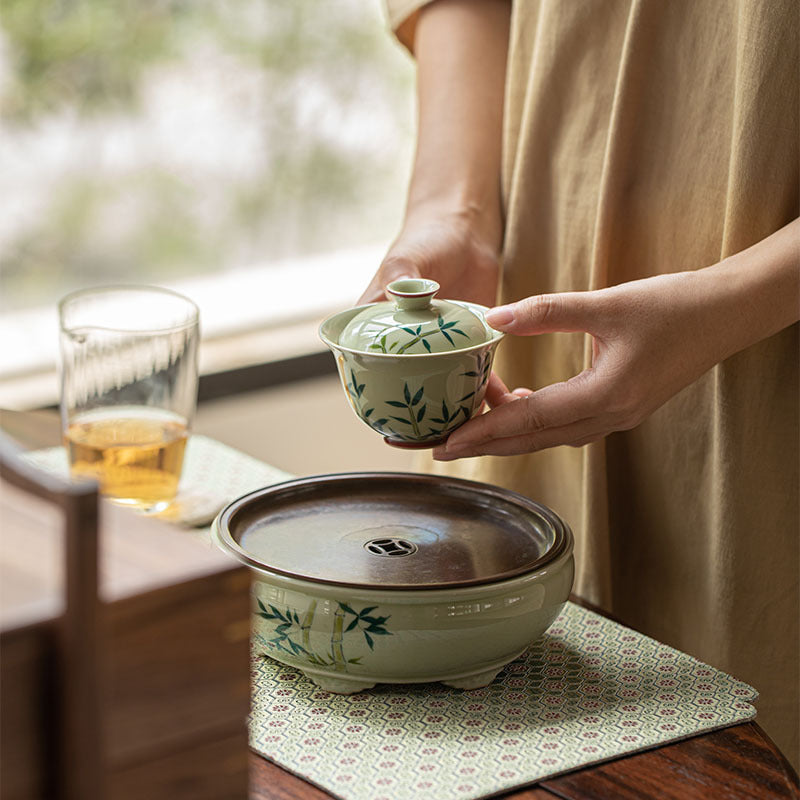 Hand painted bamboo cover bowl