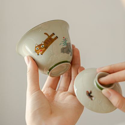 Cute Cat Ceramic Cover Bowl - Kung Fu Tea Set